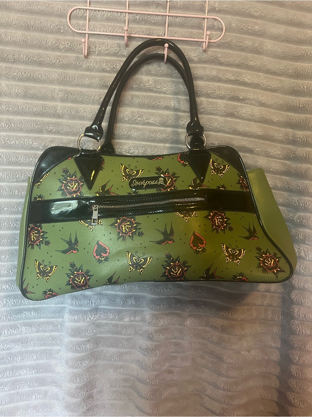 Sourpuss Green Printed Satchel Handbag